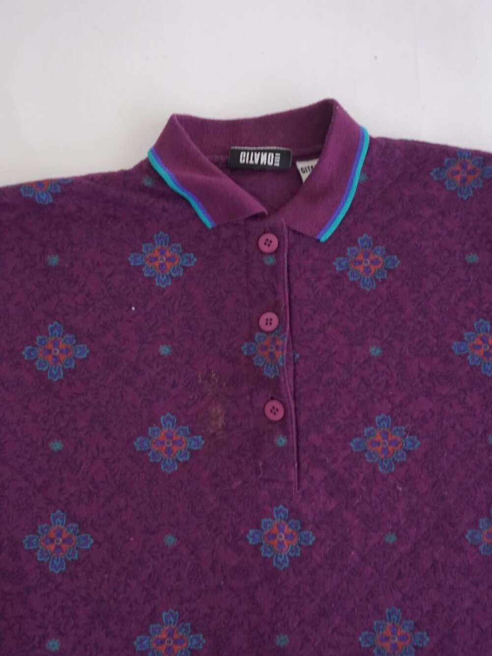 Vintage Gitano Purple Floral Geometric Grunge Academic Collared Polo Shirt S - Picture 8 of 9